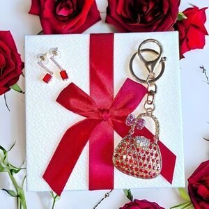 3-piece Box Set l Red Gemstone l Purse/Bag Charm & Key Ring l Gemstone Earrings